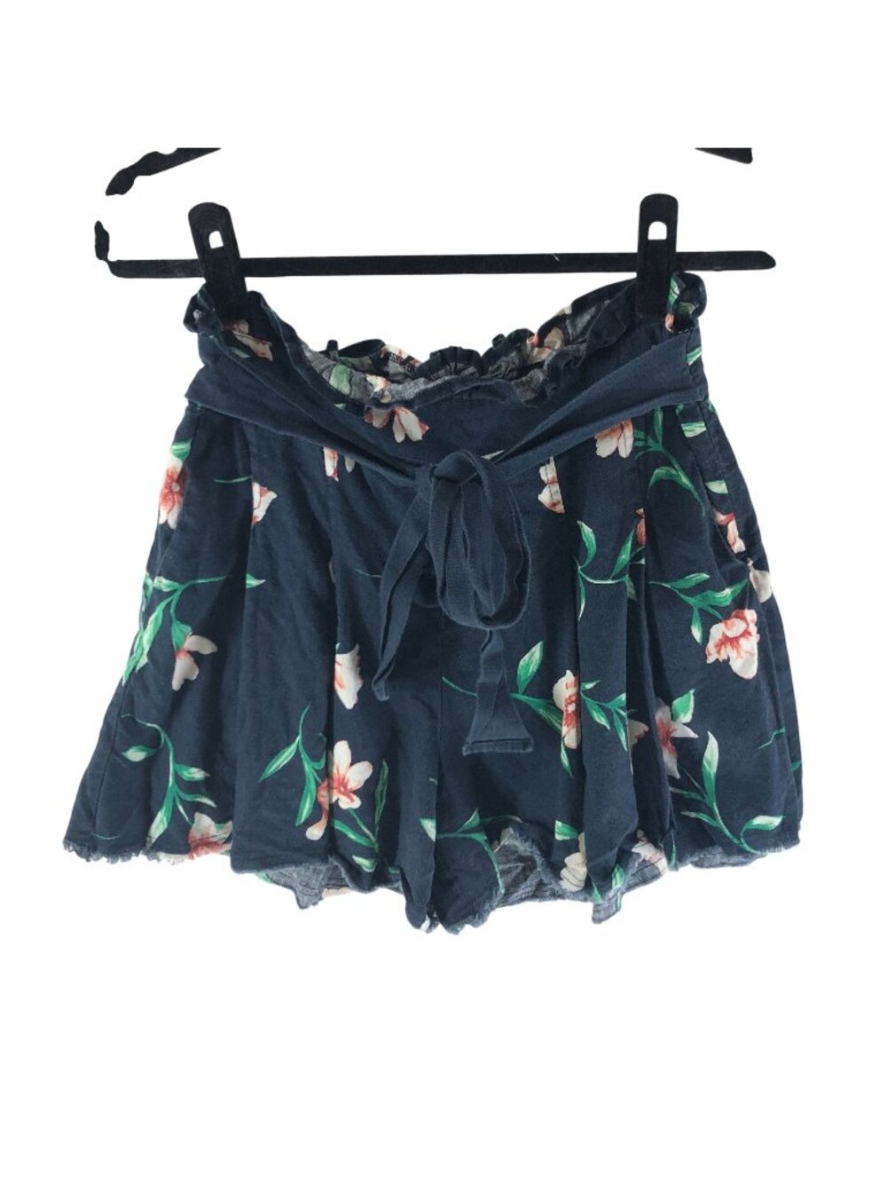 Moon River Womens Floral Linen-Blend Pleated Pockets Shorts Tie Belt L Navy